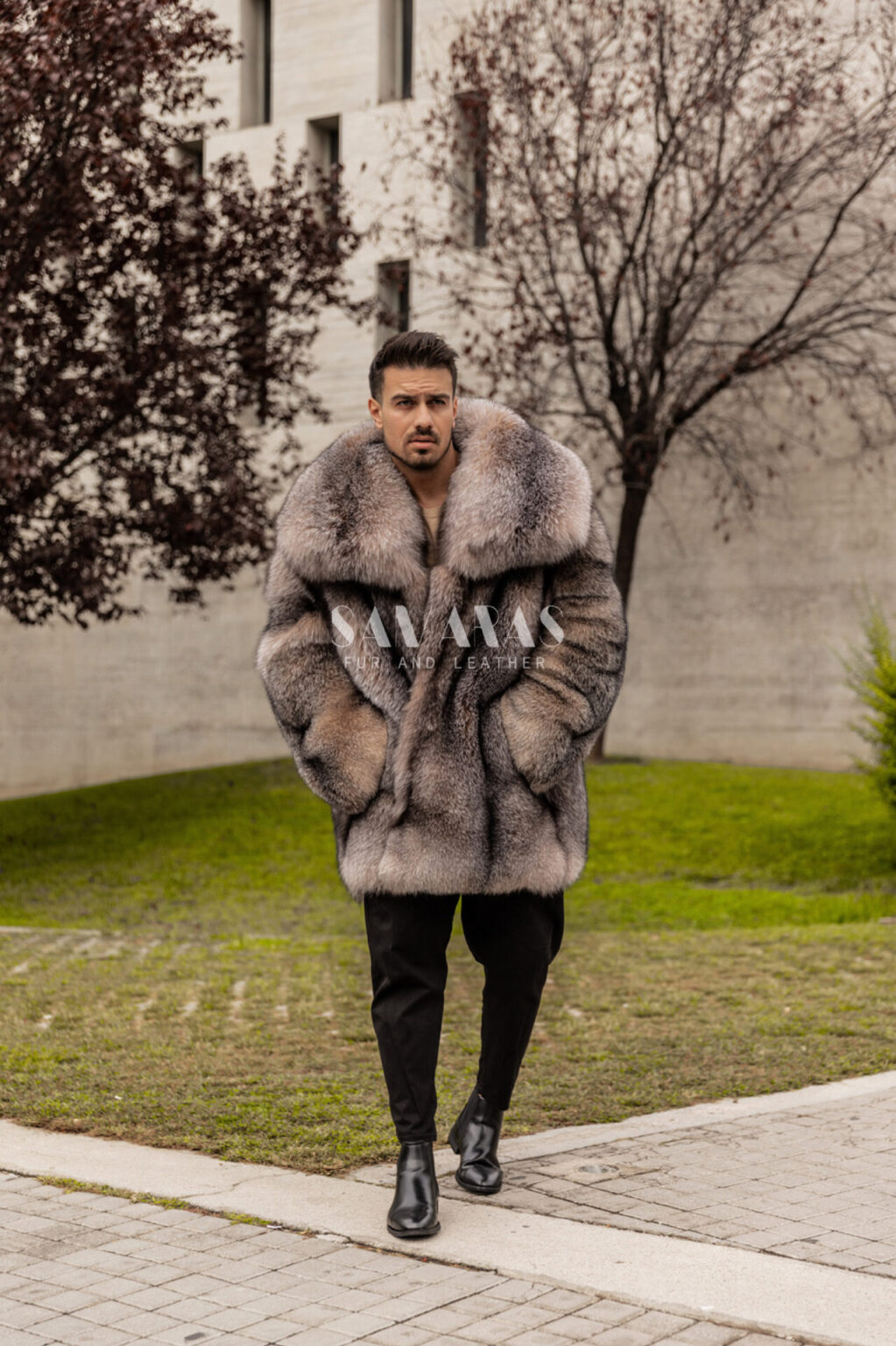 Andrew Luxury Men S Crystal Fox Fur Coat With Huge Collar