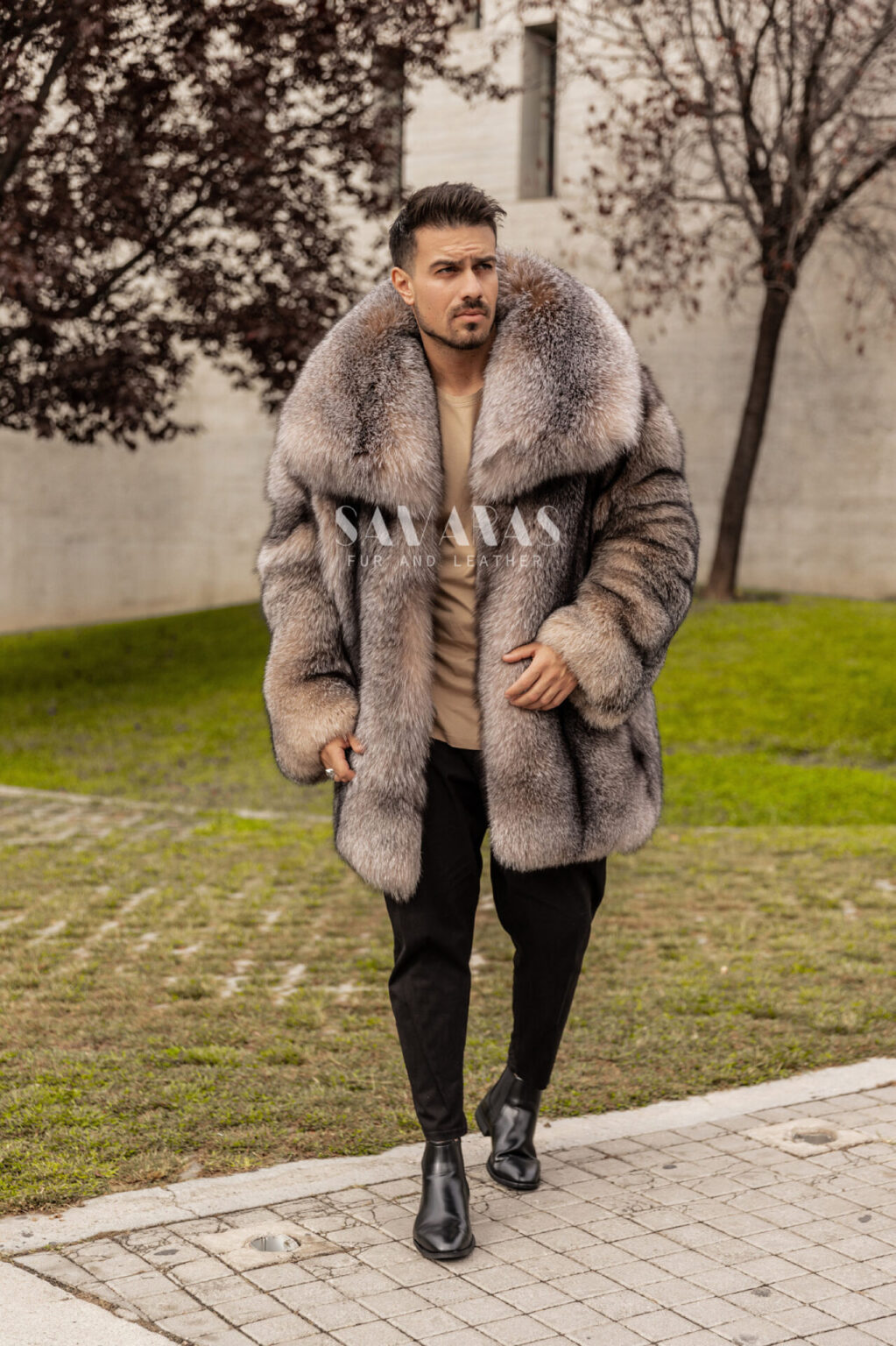 Andrew Luxury Men S Crystal Fox Fur Coat With Huge Collar