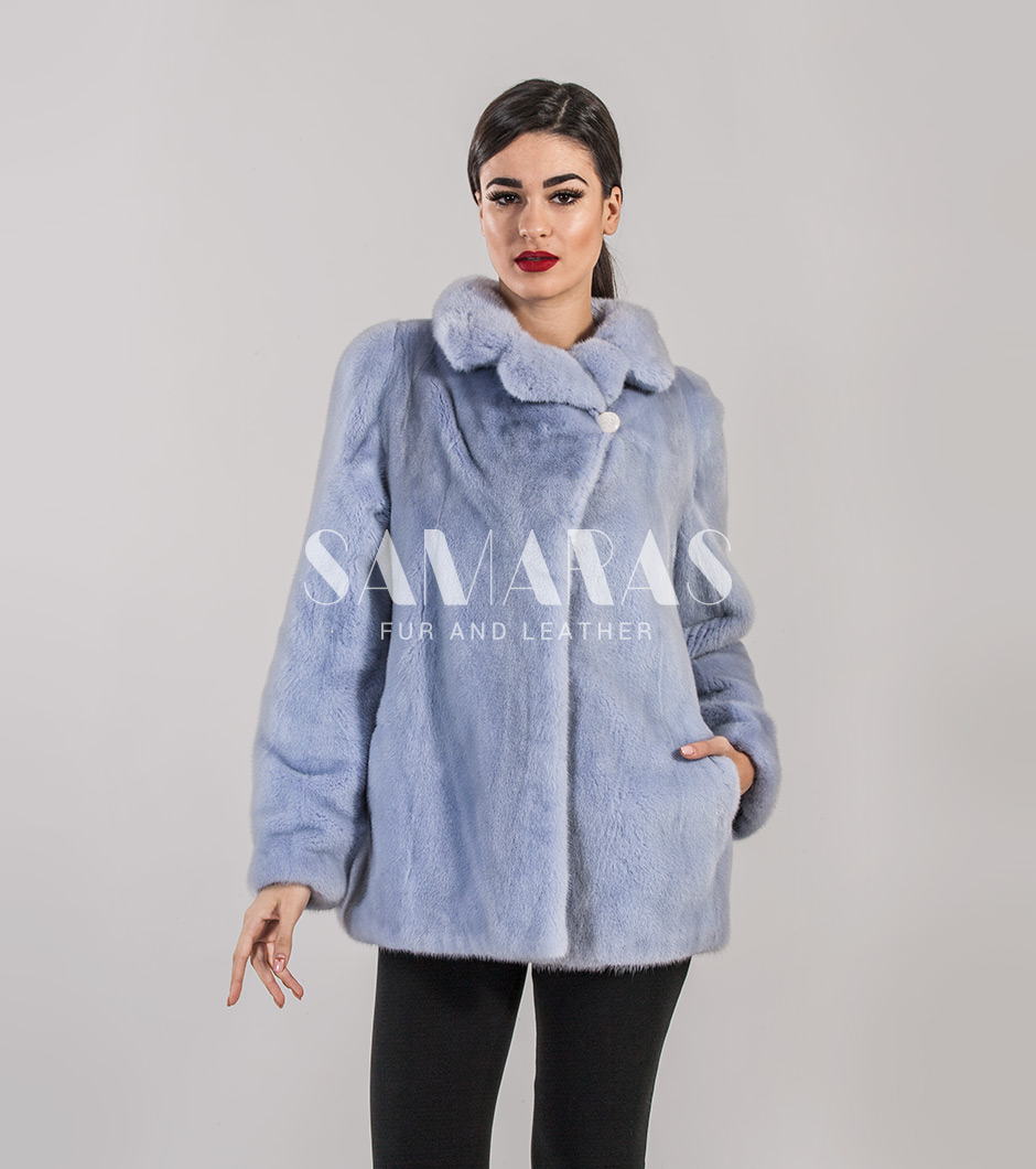 Lilyana  Luxury Sky Blue Mink Jacket With Small English Collar