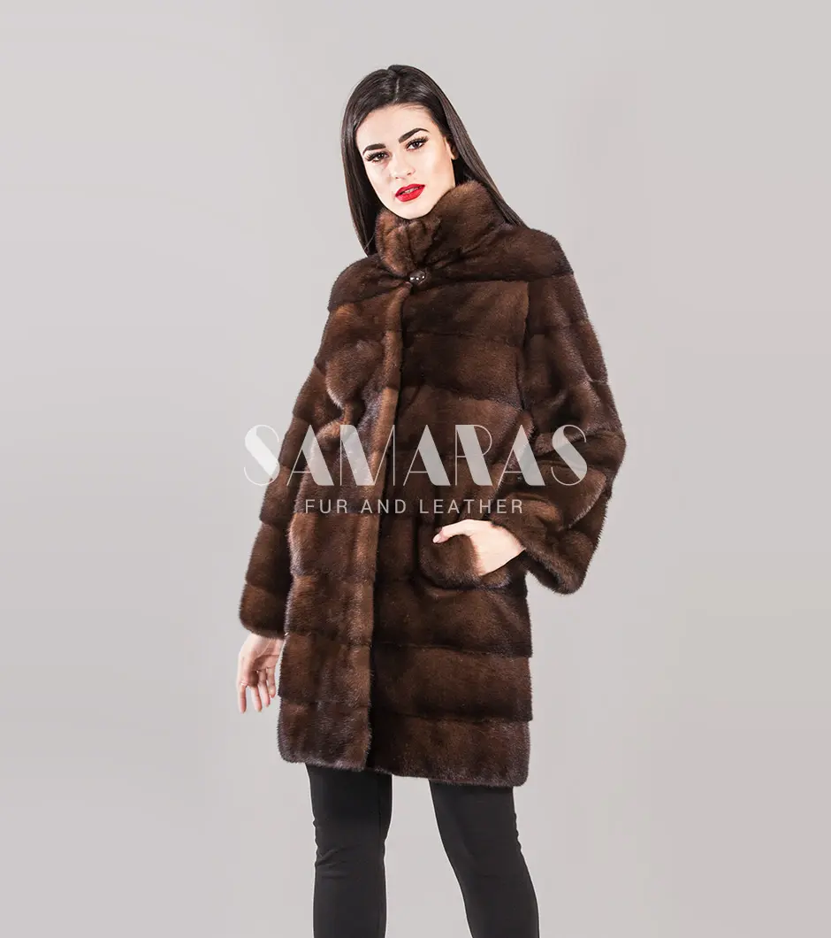 Mens Mink Fur Coat Black with Mahogany Collar