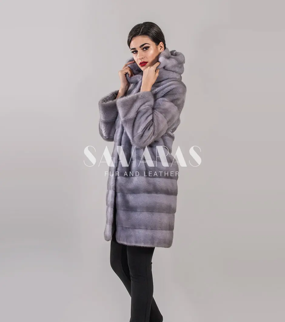 BeFur Real Sapphire Mink Fur Coat with Hood and Belt. Genuine Mink Stroller in Gray, Unique Jacket from Premium Mink Skins, Farming Fur pelts.