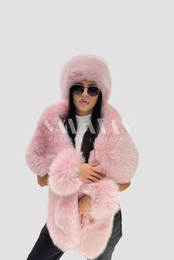 Pink Fur Fox Set  Boa - Hat - Cuffs 