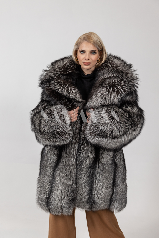 Luxury Men Real Full Pet Silver Fox Fur Overcoat Natural Fur Shawl Collar  Jacket