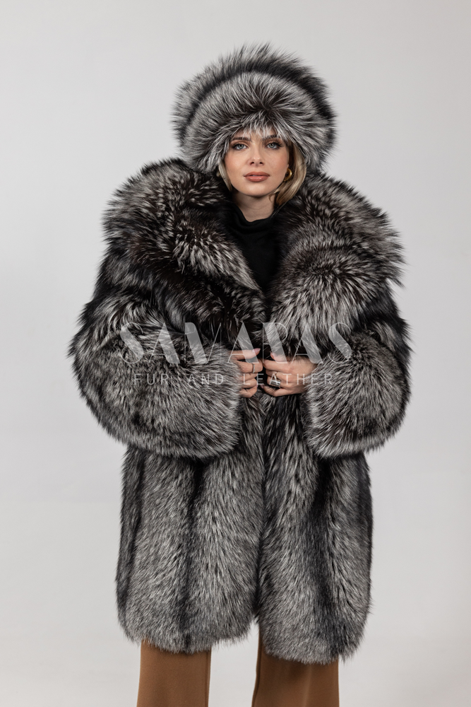 Luxury Full Skin Silver Fox Fur Mens Coat Real Fur Jacket Skin