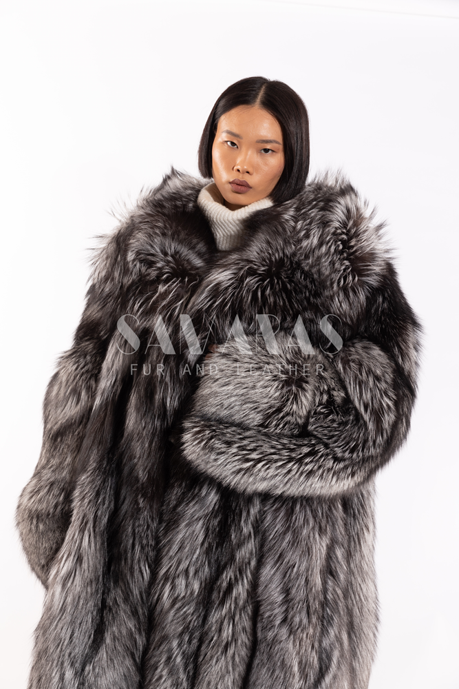 Luxury Women Full Pelt Real Silver Fox Fur Coats Jacket Fluffy