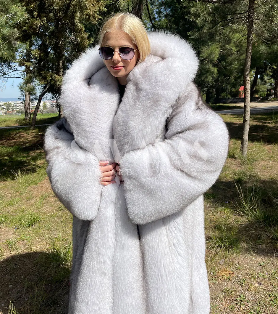 Silver Blue Full Skin Mink Fur Jacket With Hood Real Mink Fur 