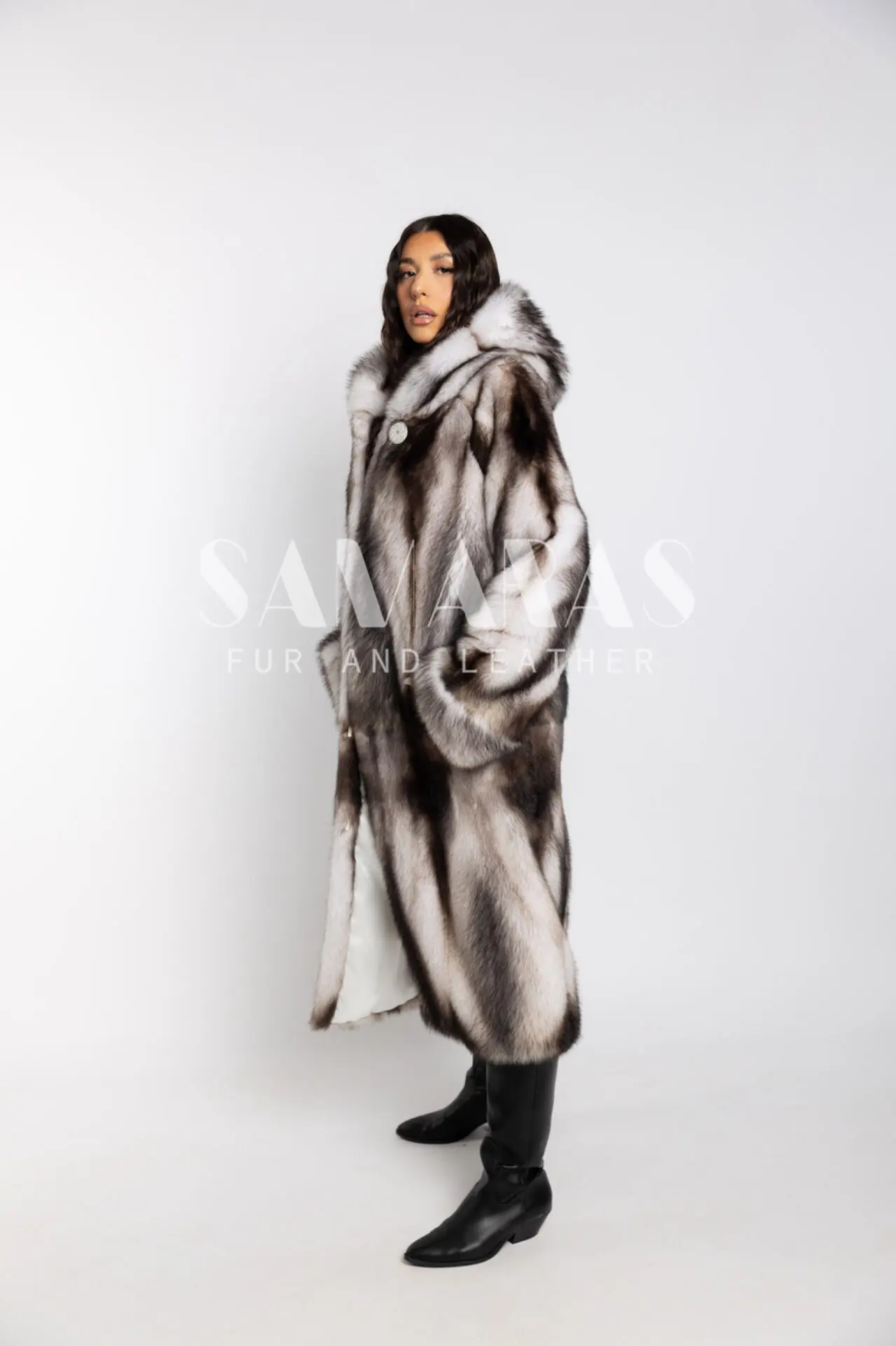 110cm Luxury Women Full Pelt Real Silver Fox Fur Coat Hoodie Thick Warm  Overcoat
