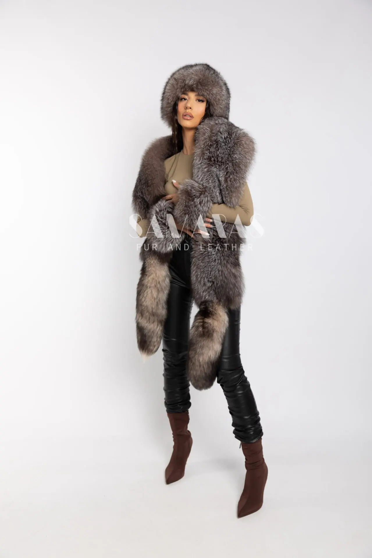 Luxury Double side Artic FOX FUR BOA Set with fox hat and fox fur cuffs
