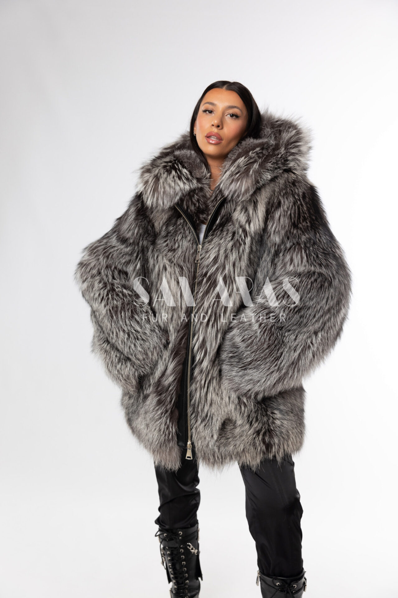 Blue Iris Mink Jacket with Detachable Hood and Silver Fox Trim