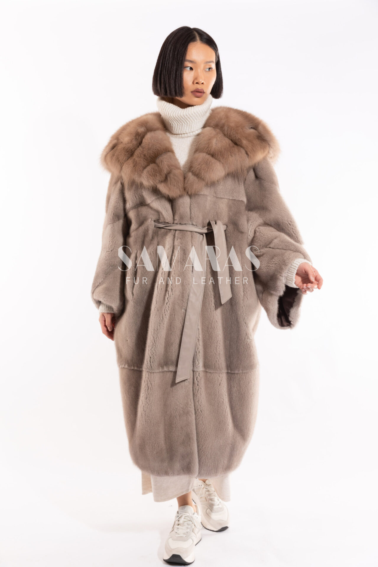 Full Skin Mink Fur Coat with Fox Trim