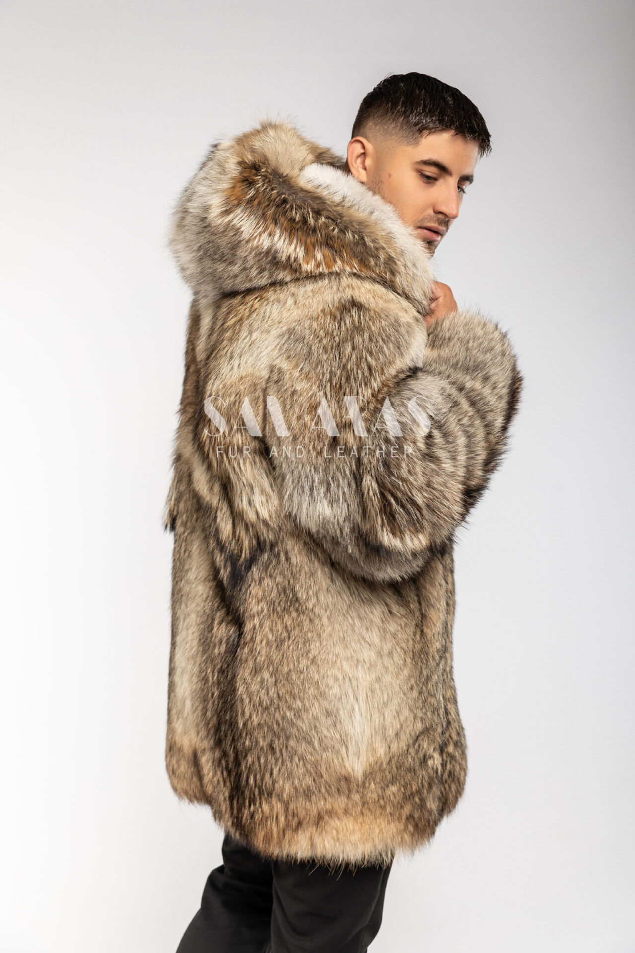 Eliott  Men's Full Skin Montana Coyote Unisex Fur Jacket/Coat With Double Fur  Hood 