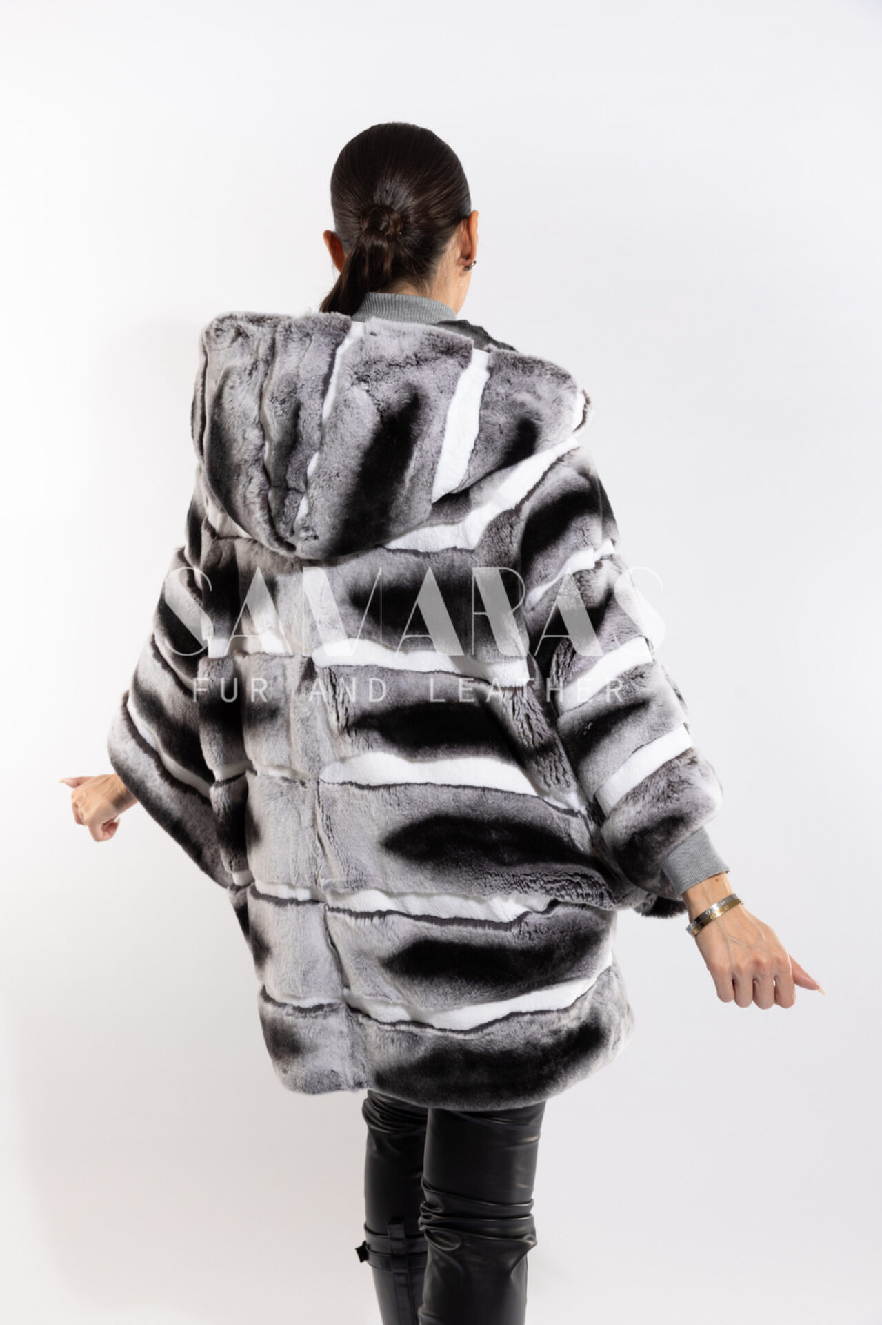 Noelia  Luxury Rex Fur In Chinchilla Print Fur Jacket-Cape With Lavish  Hood 