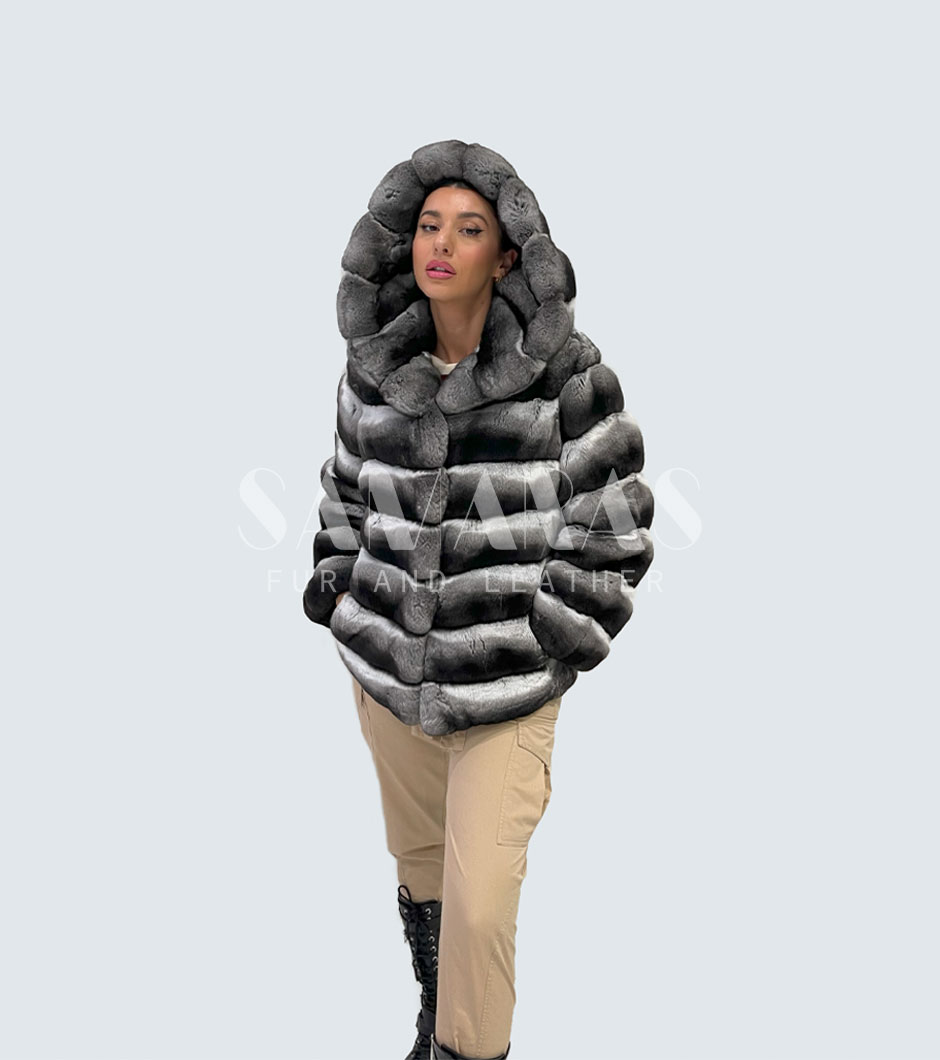 Chinchilla fur coat Hooded
