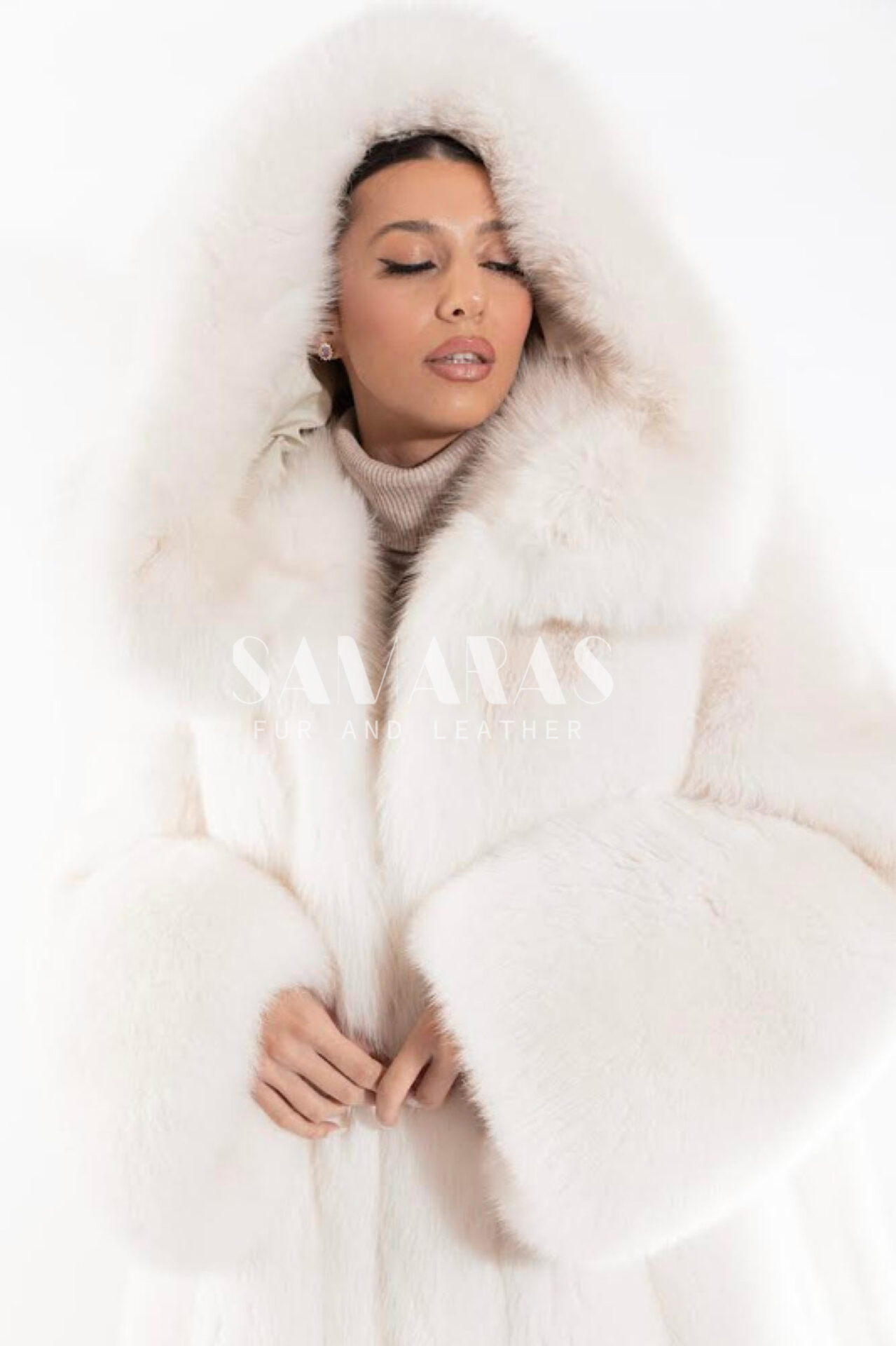 Women's White Fox Fur Coat with Hood