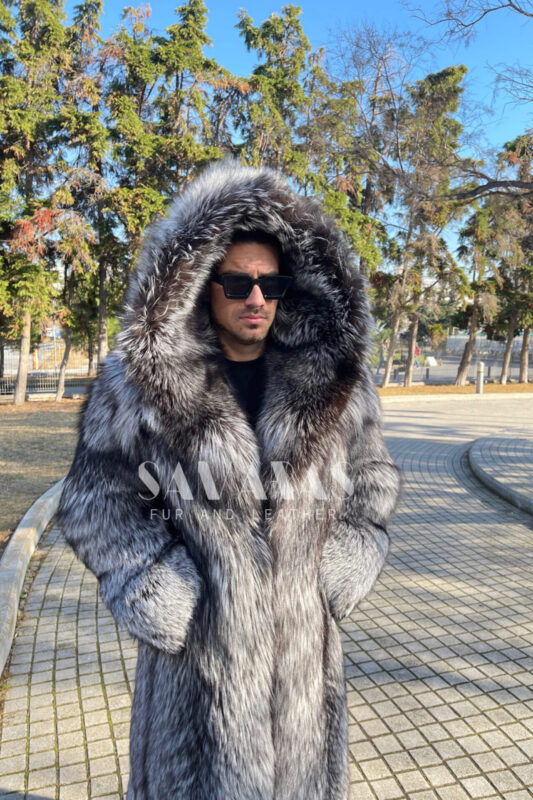 Liam | Men’s Luxury Silver Fox Coat With Lavish Fur Hood - Samarasfurs.com