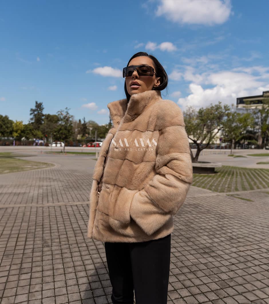 Blossom | Luxury Scandinavian Mink Sand Colour Fur Jacket With Stand Up Collar