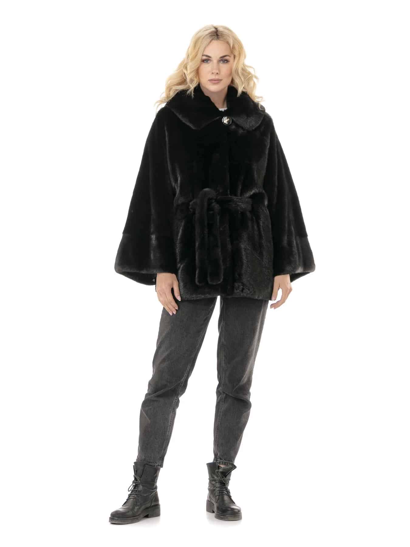 Elaina | Scandinavian Black Mink Fur Jacket With Collar Ηood & Fur Belt