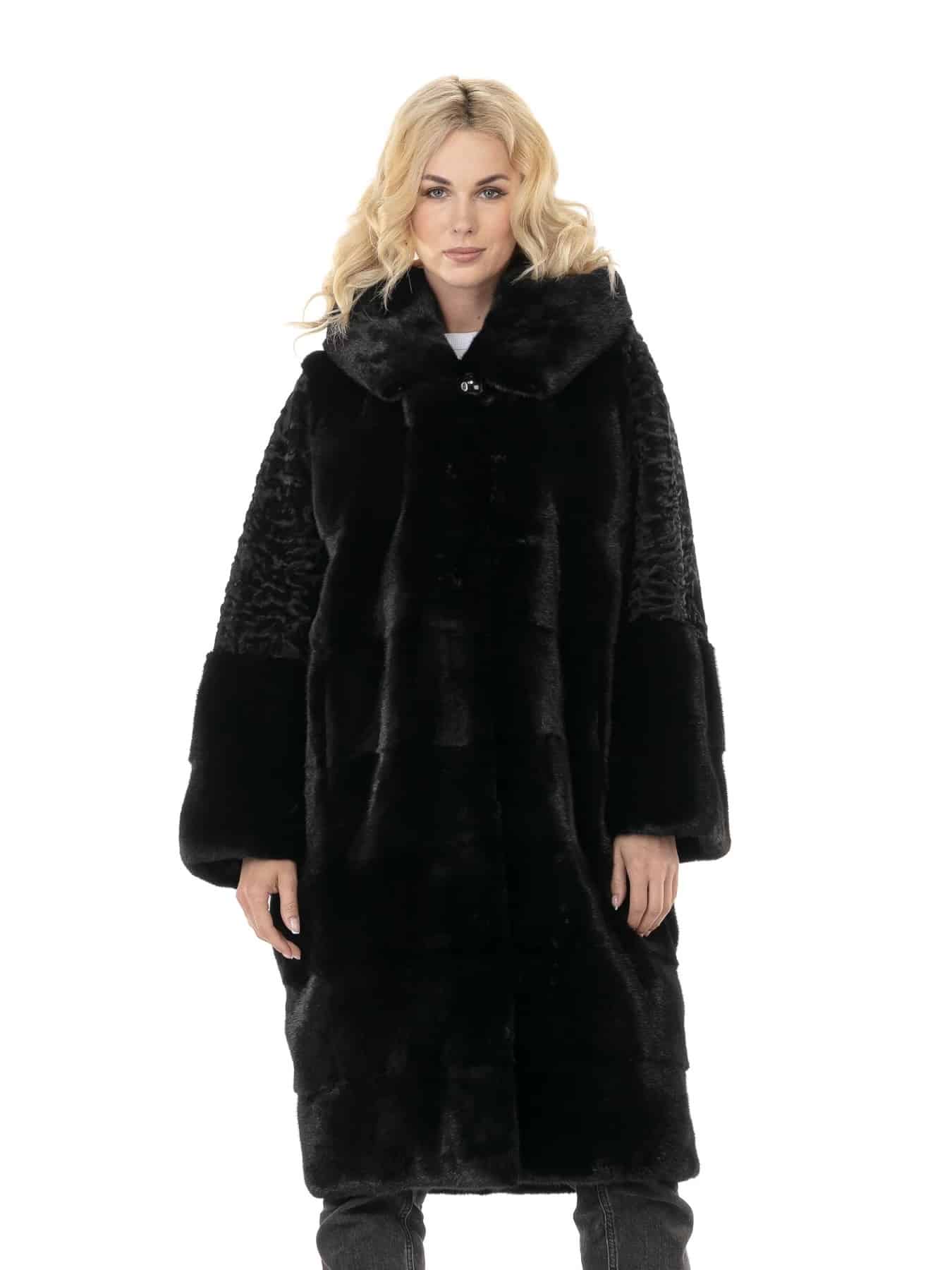 Charity | Scandinavian Black Mink And Swakara Lamb Sleeves Fur Coat With Hood
