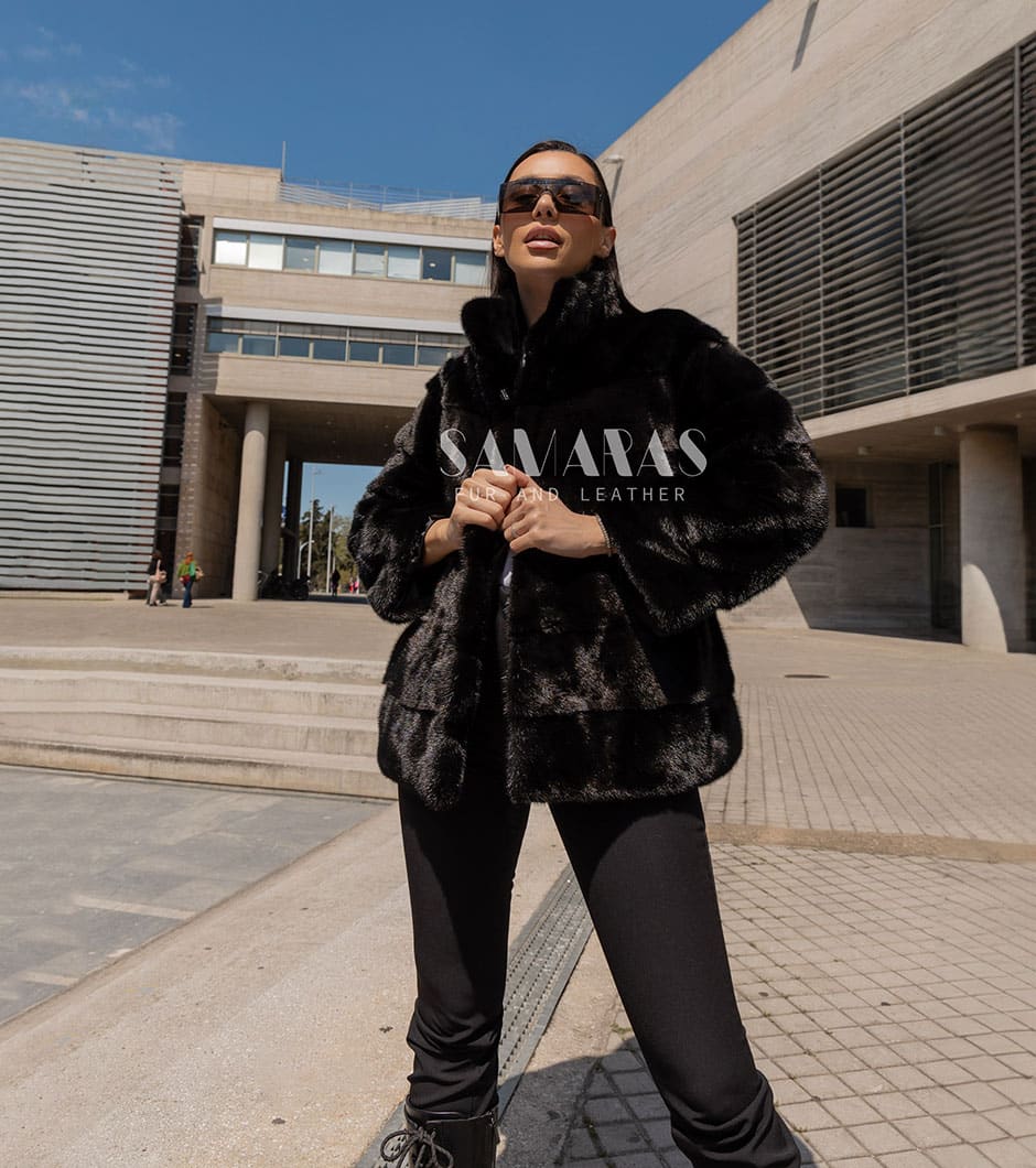 Drew | Luxury Scandinavian Black Mink Fur Jacket With Stand Up Collar