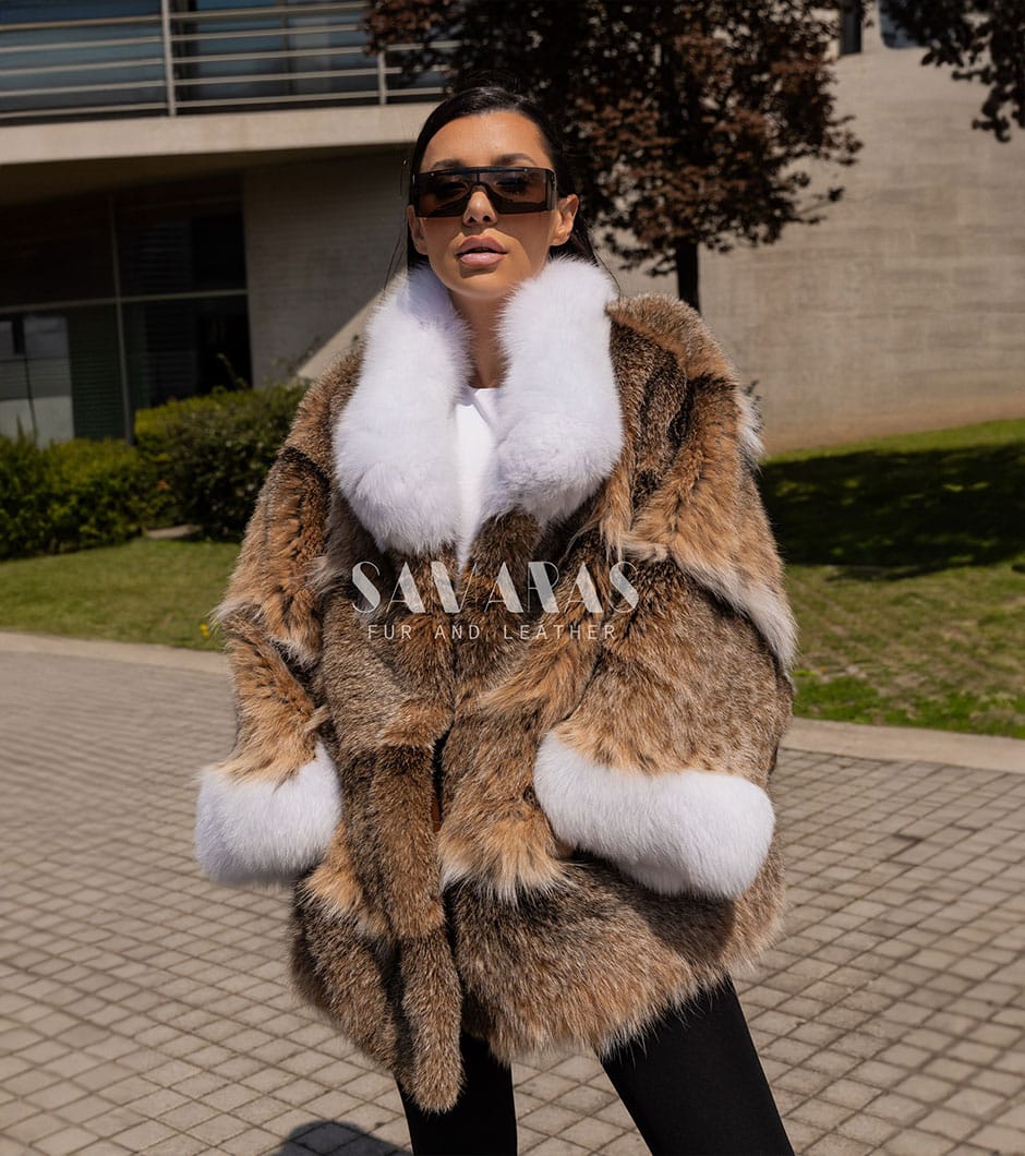 Caisyn | Luxury Real American Lynx Fur Cape -Jacket With White Fox Stand Up Collar & Cuffs