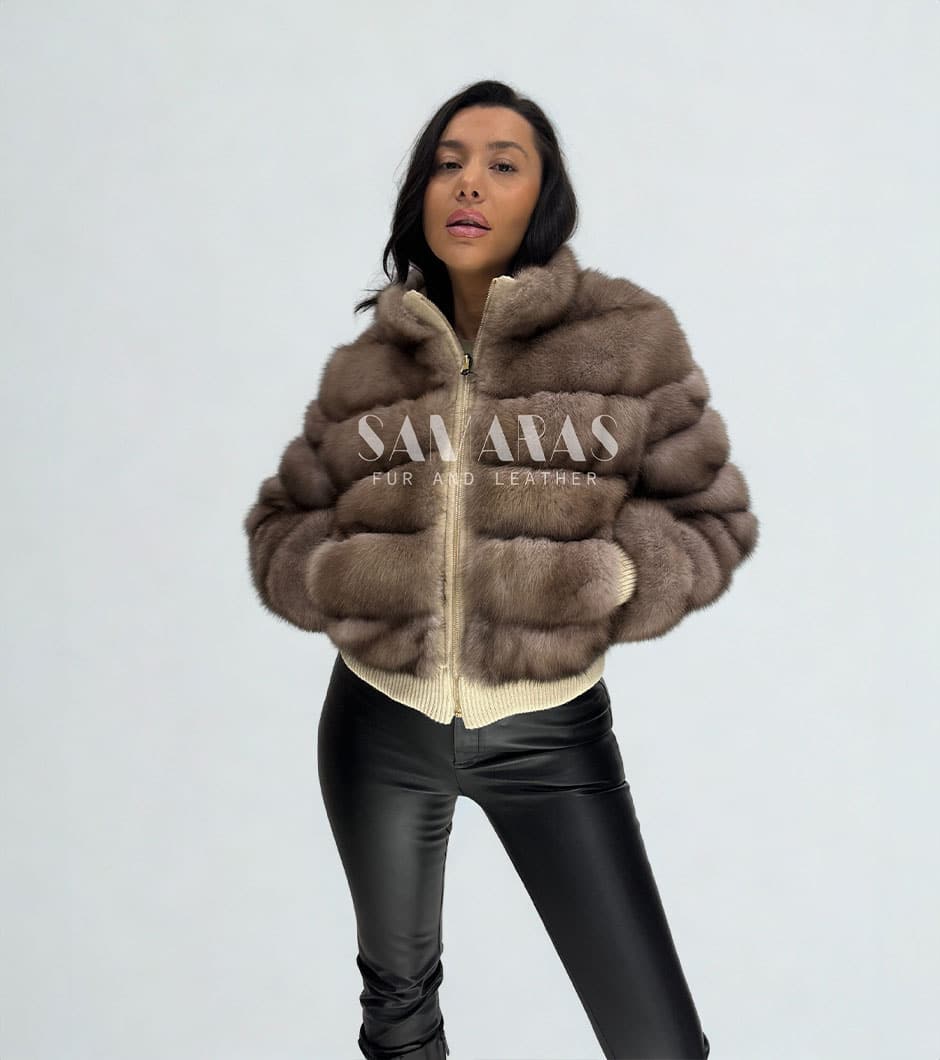 Amina| Luxury Double Face Loro Piana Cashmere With Russian Sable Horizontal Work Fur Jacket Bomber