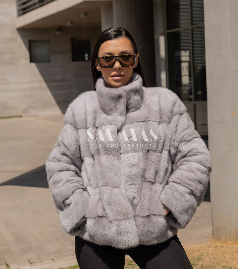 Delaney | Luxury Scandinavian Sapphire Mink Fur Jacket With Stand Up Collar