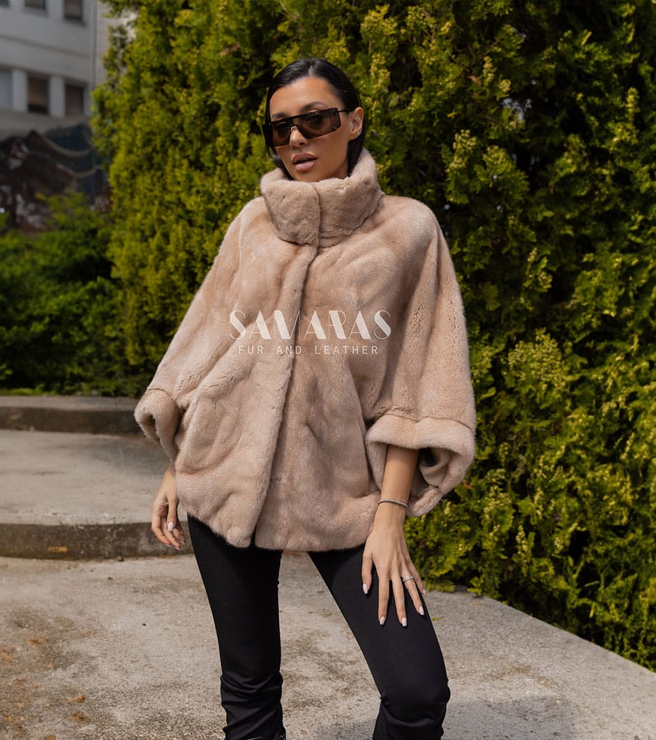 Corey | Luxury Sand Beige Mink Fur Cape Jacket With Stand Up Collar