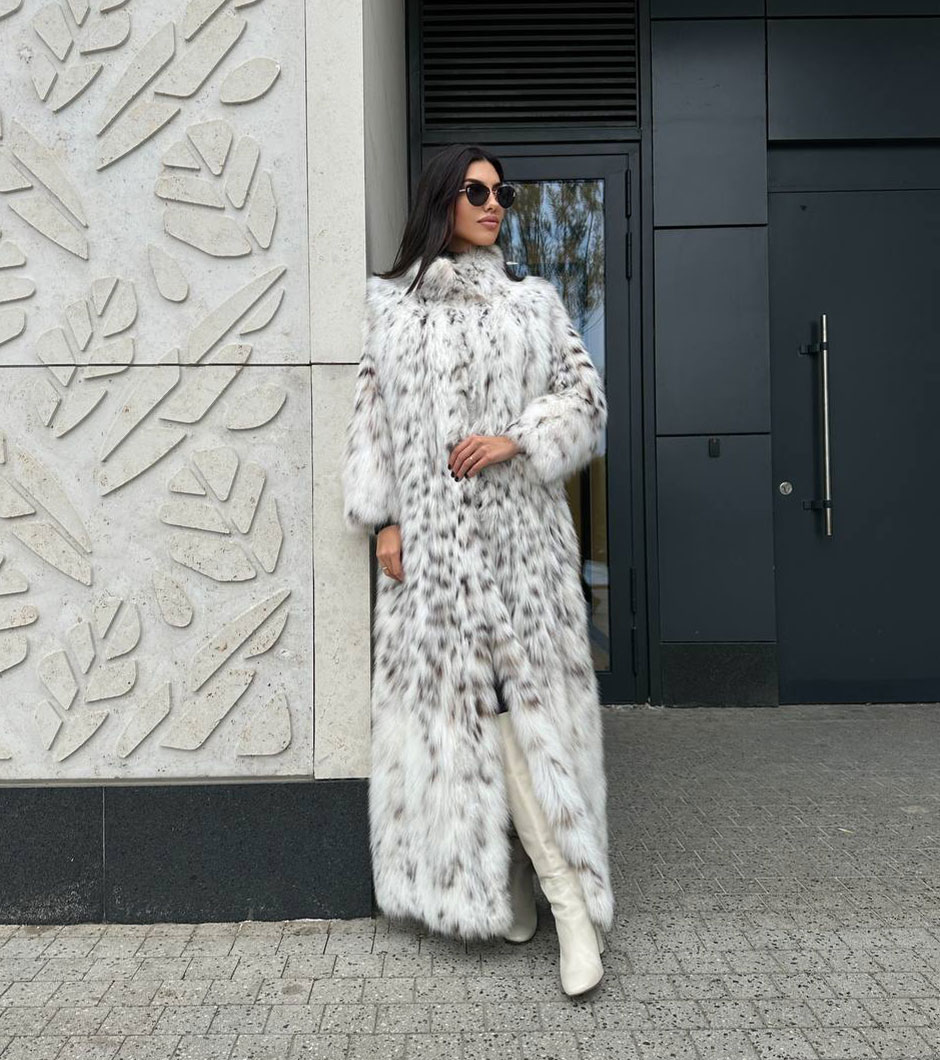 Faith | Luxury Real American White Lynx Fur Coat Full Length With Lavish Stand Up Collar