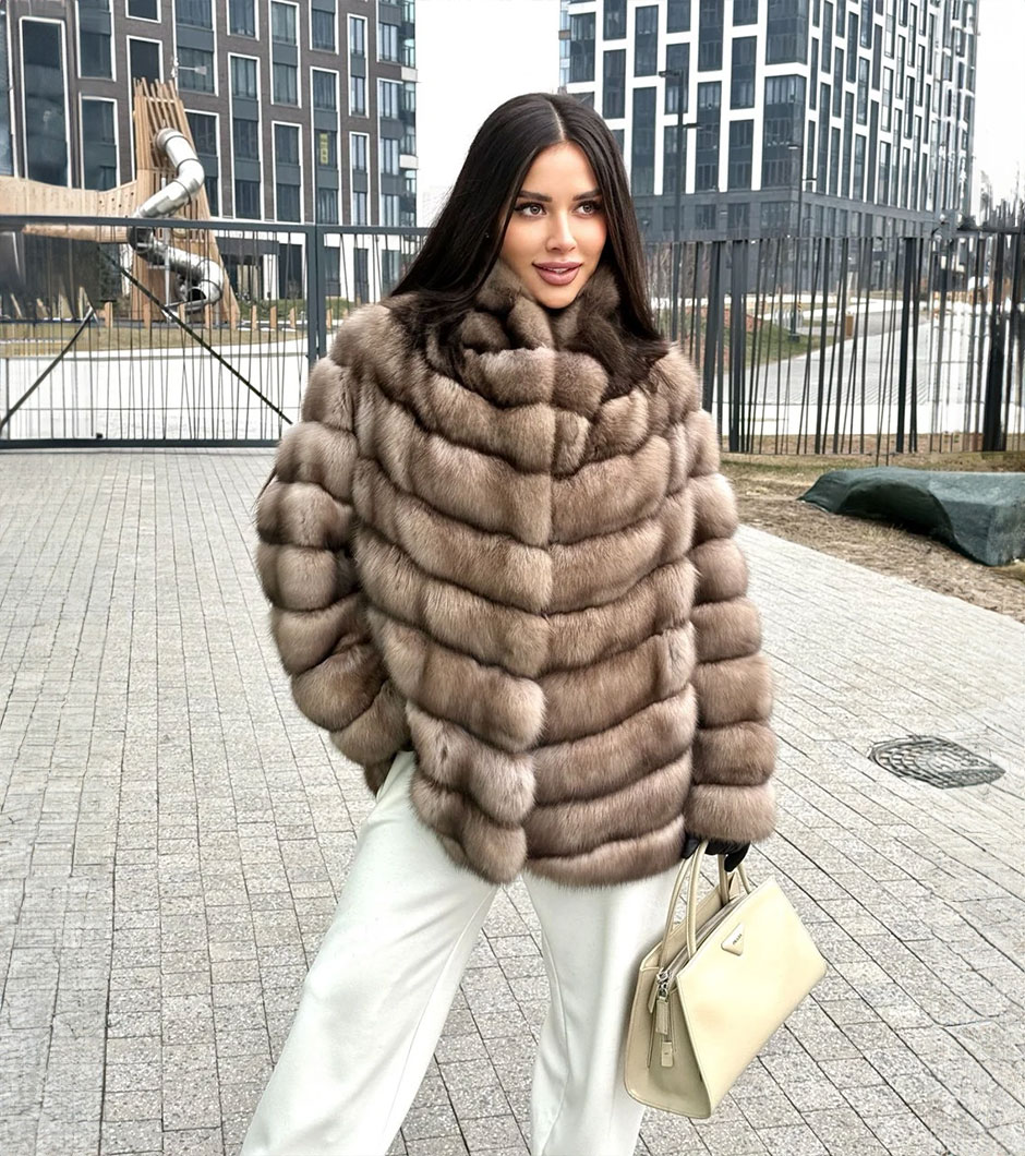 Sydney | Luxury Russian Beige Sable Fur Jacket With Shawl Stand Up Collar