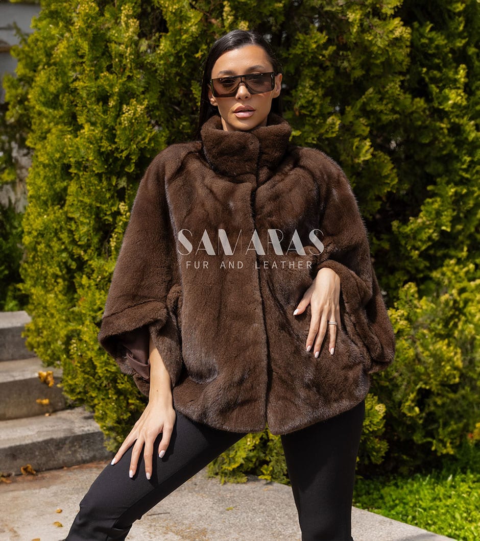 Ahmeira | Luxury Scandinavian Saga Brown Mink Fur Cape - Jacket With Stand Up Collar