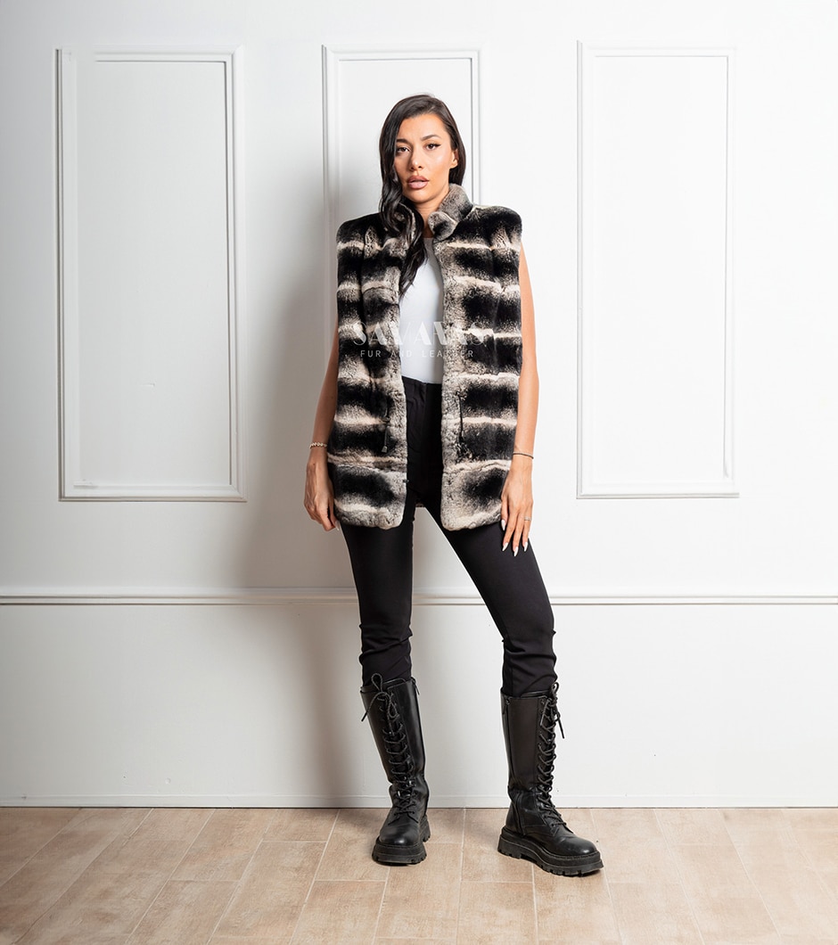 Sun | Rex Chinchilla Fur Vest With Stand Up Collar