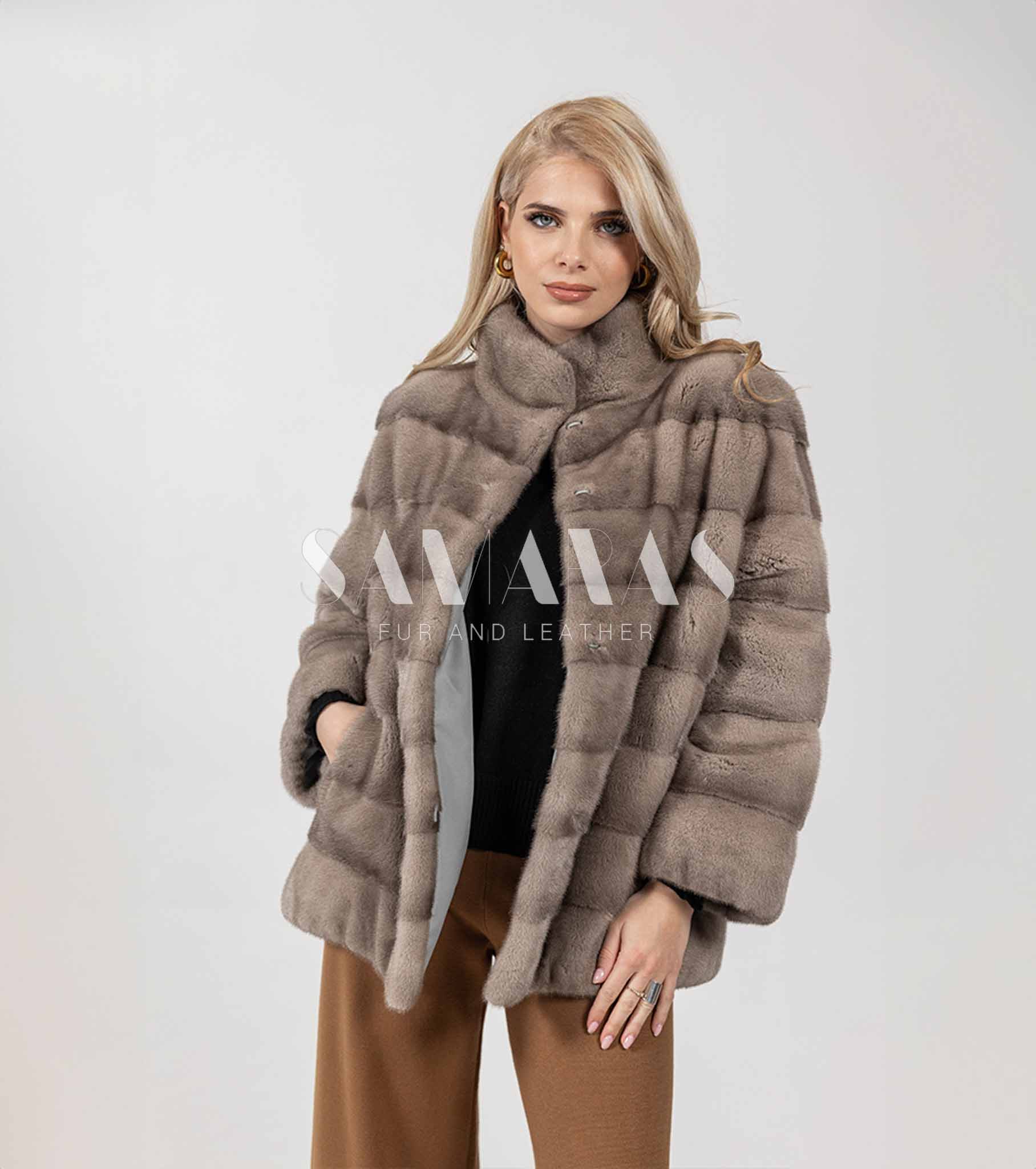 Calandra | Luxury Scandinavian Silver Blue Mink Fur Jacket With Stand Up Collar