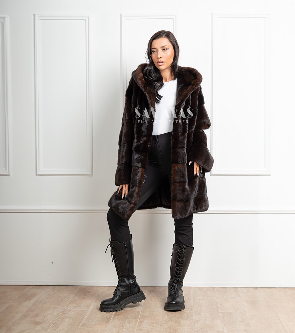 Laurell | Luxury Mahogany Mink Fur Jacket With Hood