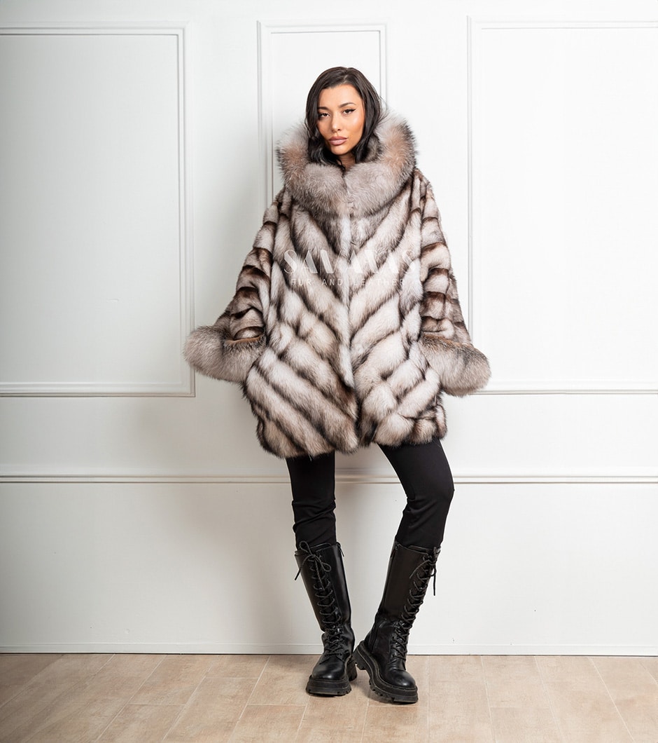 Hollis | Luxury Rare Scandinavian Fitch Fur Cape - Jacket With Lavish Crystal Fox In Hood & Cuffs