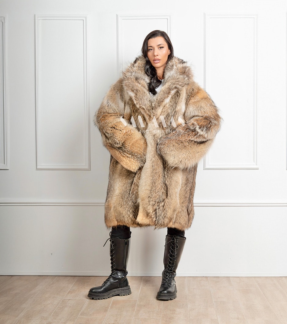 Agatha | Luxury Full Skin Montana Coyote Unisex Fur Coat With Notched Fur Collar