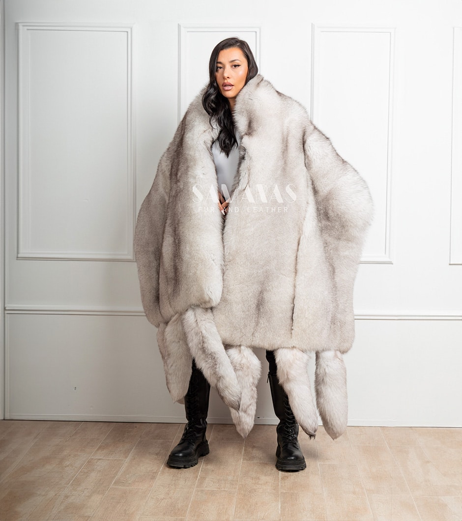 Raphaela | Luxury Double Fave Scandinavian Blue Fox Boa - Cape Both Sided Fox With Detachable Tails