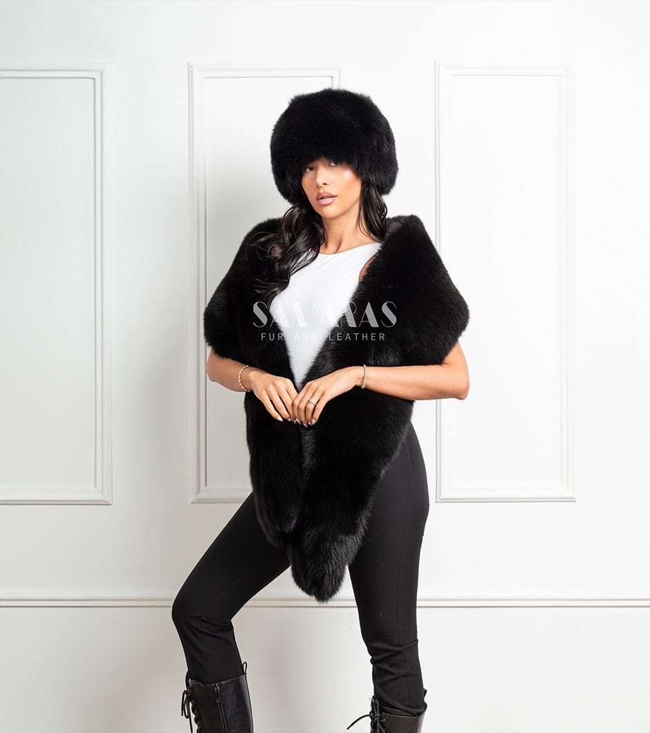 Tove | Set Black Fox Fur Boa - Scarf With Fox Hat