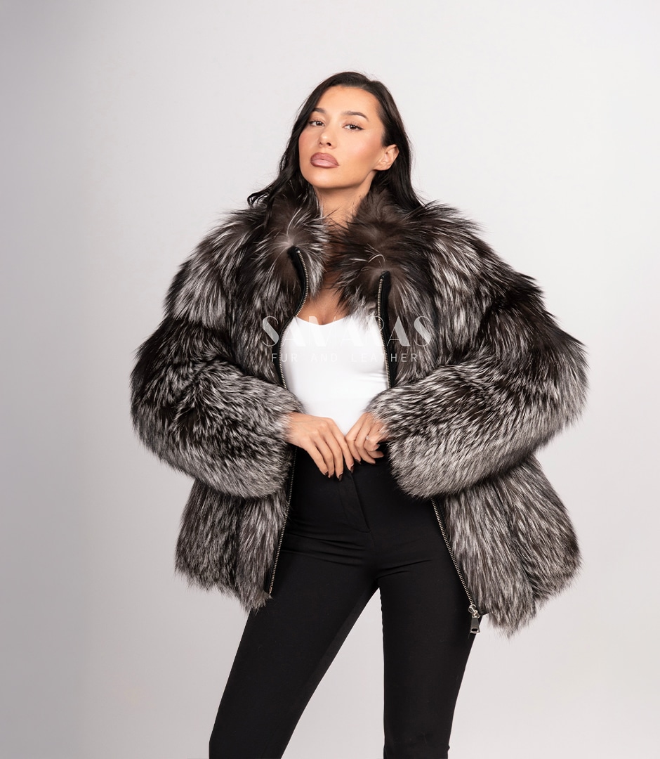 Irie | Luxury Scandinavian Silver Fox Fur Bomber Jacket With Stand